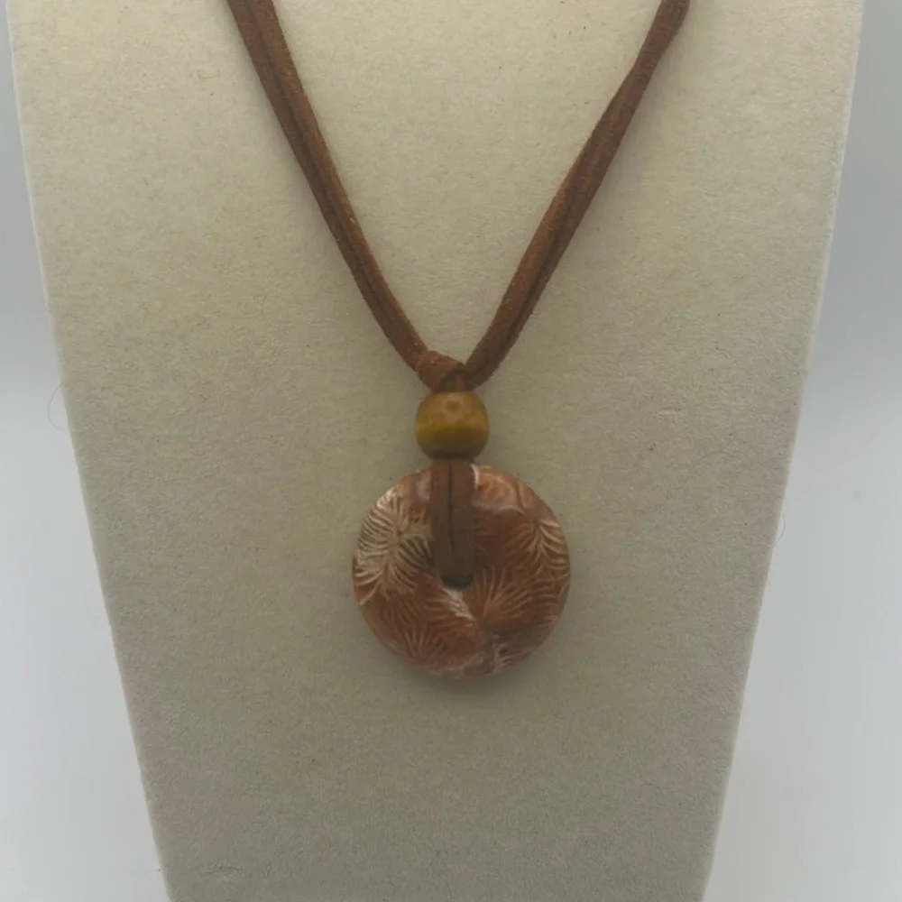 Coral Fossil Jade Donut Pendant Necklace - Picture 2 of 10